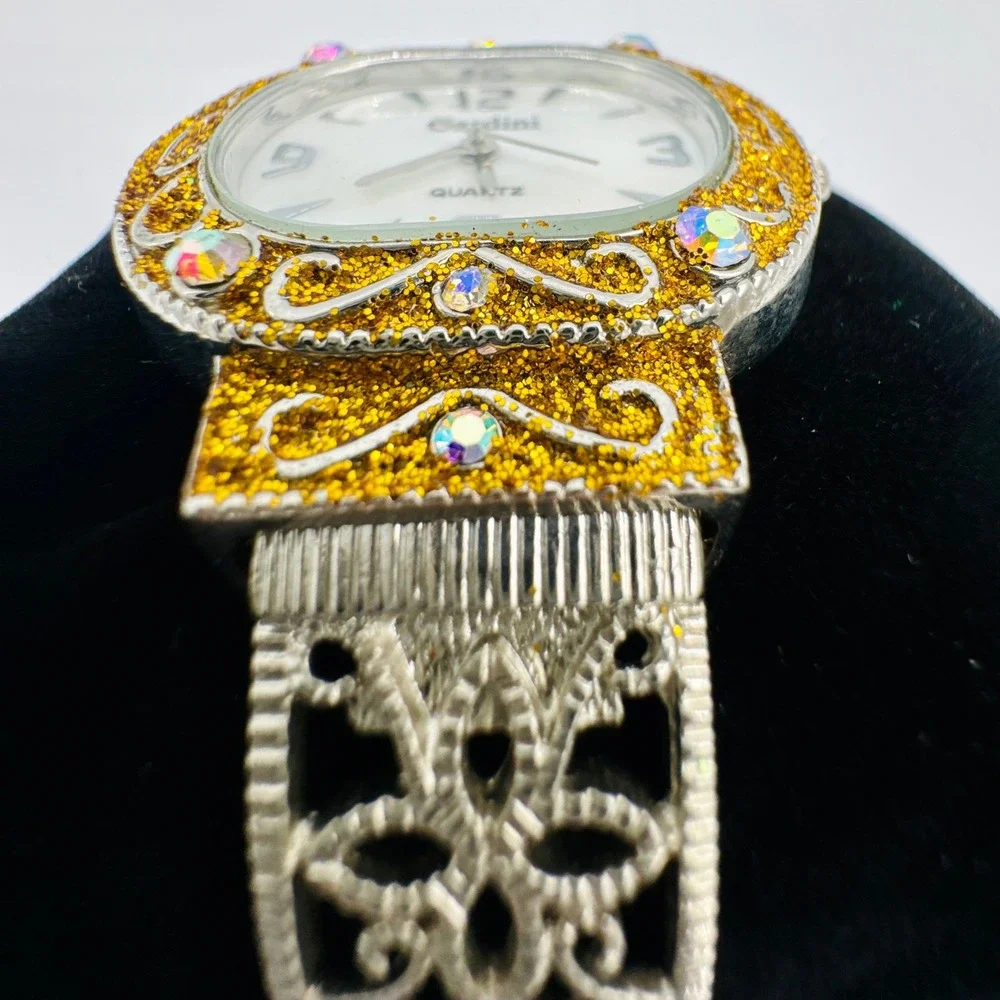 Cardini Two Tone Watch Crystal Gold‎ Silver Filigree Bangle Coquette Statement